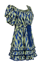 Current Boutique-Cinq a Sept - Green & Blue Off the Shoulder Abstract Print Mini Dress Sz 8