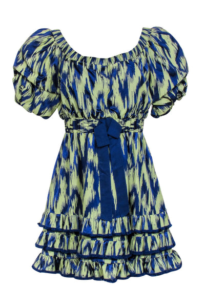 Current Boutique-Cinq a Sept - Green & Blue Off the Shoulder Abstract Print Mini Dress Sz 8