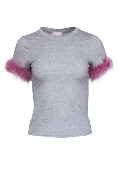 Current Boutique-Cinq a Sept - Grey T-Shirt w/ Pink Faux Feather Trim Sz XS