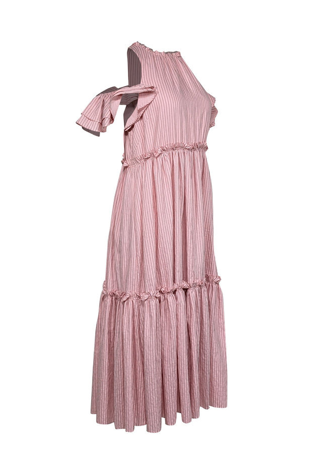 Current Boutique-Cinq a Sept - Pink Ruffled Midi Dress w/ Contrast Striped Stitching Sz 6