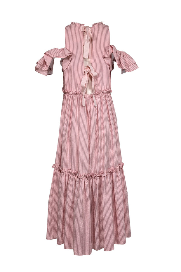 Current Boutique-Cinq a Sept - Pink Ruffled Midi Dress w/ Contrast Striped Stitching Sz 6