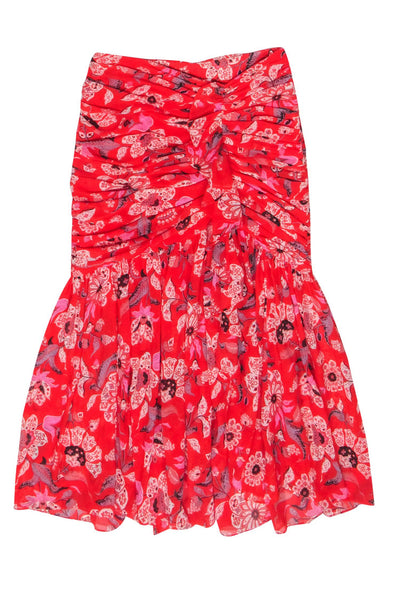 Current Boutique-Cinq a Sept - Red & Pink Print Ruched Detail Midi Skirt Sz 4