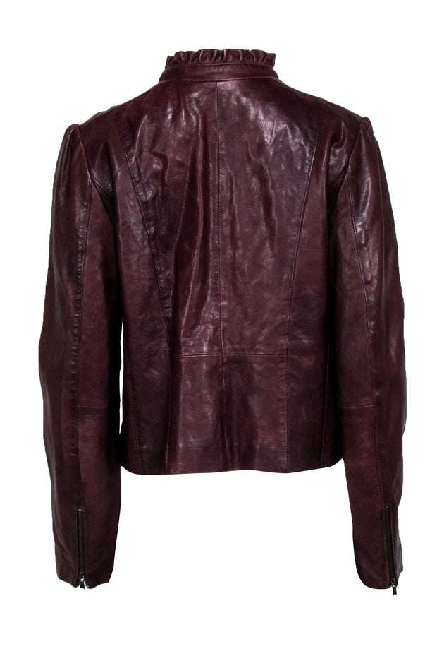 Current Boutique-Classiques Entier - Brown Leather Ruffle Collar Leather Jacker Sz XL