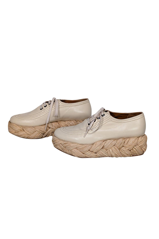 Current Boutique-Clergerie Paris - Beige Leather & Woven Straw Platform Sneaker Sz 8