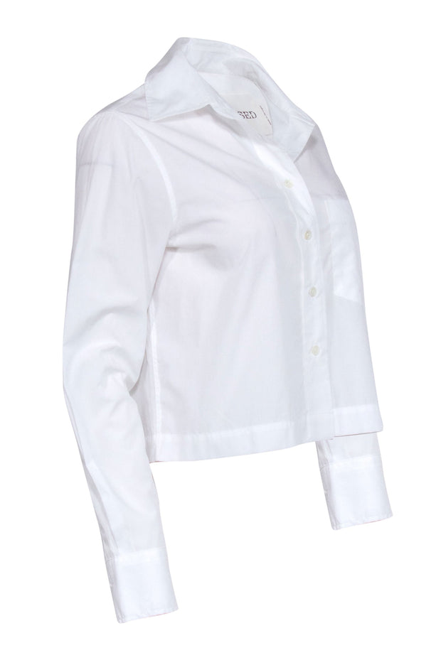Current Boutique-Closed - White Collared Cropped Button Front Top Sz XS