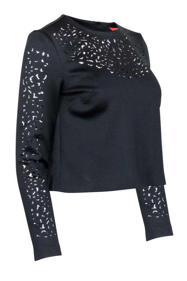 Current Boutique-Clover Canyon - Black Long Sleeve Crop Shirt w/ Lase Cut Print Sz S