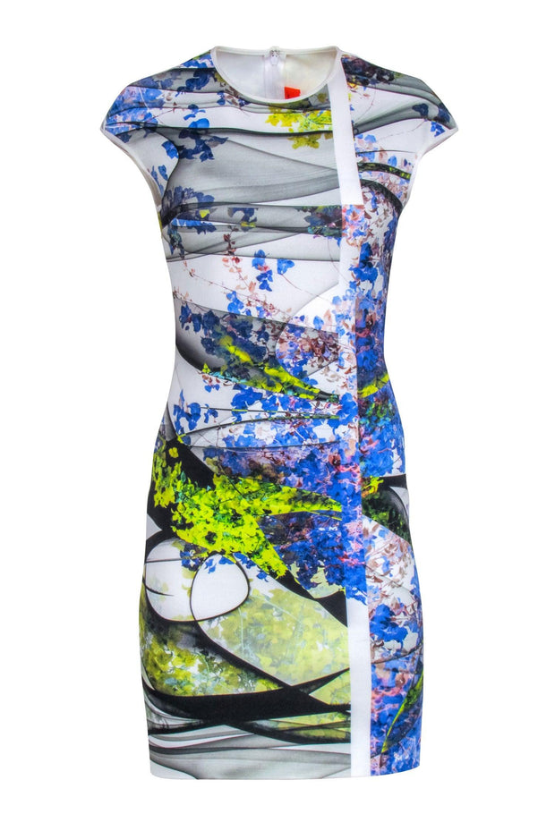 Current Boutique-Clover Canyon - White w/ Blue & Green Print Cap Sleeve Dress Sz M