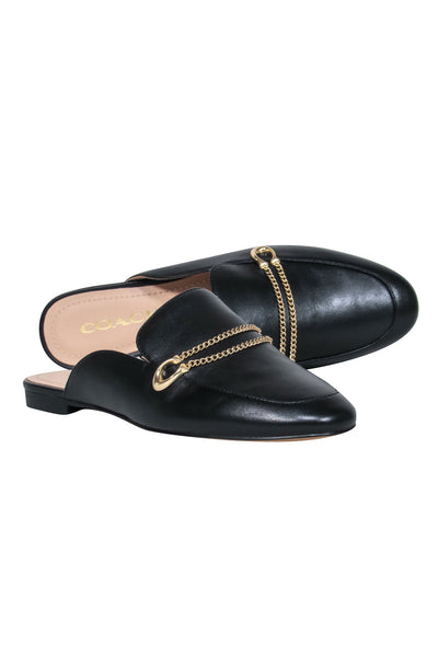 Current Boutique-Coach - Black Leather Mule Loafer w/ Gold Logo Chain Sz 6.5