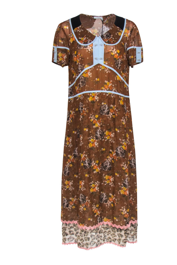 Current Boutique-Coach - Brown Dog & Floral Print Prairie Midi Dress Sz 8