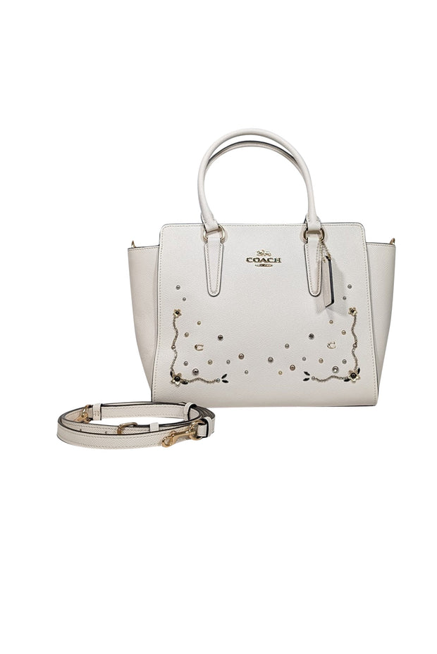 Current Boutique-Coach - Ivory Saffiano Leather Embellished Front Satchel Bag