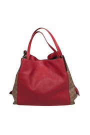 Current Boutique-Coach - Red Pebbled Leather w/ Tan Monogram Coated Canvas Shoulder Bag