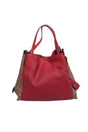 Current Boutique-Coach - Red Pebbled Leather w/ Tan Monogram Coated Canvas Shoulder Bag