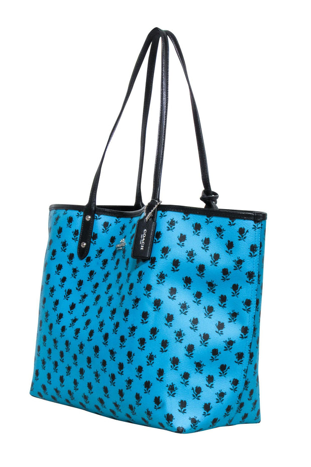 Current Boutique-Coach - Turquoise & Black Badlands Floral Print Reversible Tote Bag w/ Pouch