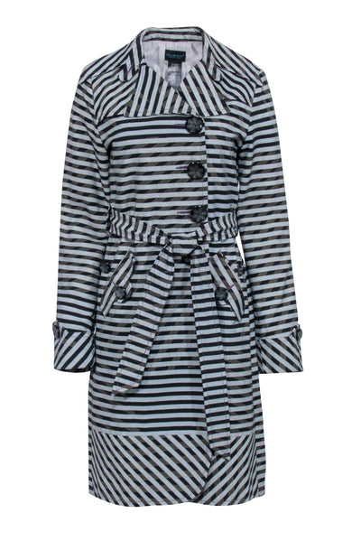 Current Boutique-Custo - Grey, Black, & Green Striped Trench Coat Sz 4