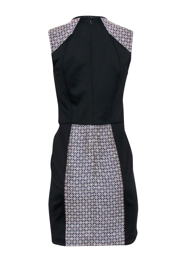 Current Boutique-Cut25 - Black Leather Trim w/ Cream Woven Print Middle Sleeveless Dress Sz 6