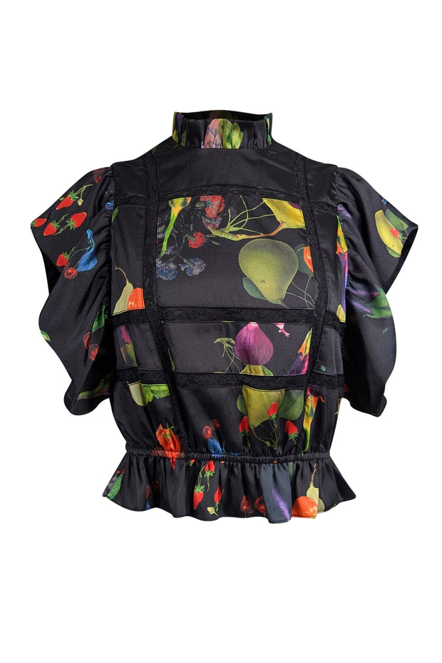 Current Boutique-Cynthia Rowley - Black w/ Rainbow Produce Print Ruffled Blouse Sz XS