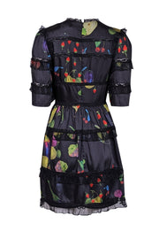 Current Boutique-Cynthia Rowley - Black w/ Rainbow Produce Print Ruffled Dress Sz 4