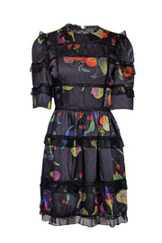 Current Boutique-Cynthia Rowley - Black w/ Rainbow Produce Print Ruffled Dress Sz 4
