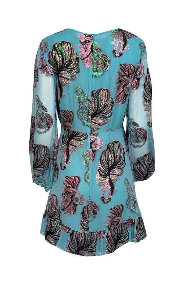 Current Boutique-Cynthia Rowley - Turquoise w/ Metallic Fish Pattern Chiffon Mini Dress Sz 10