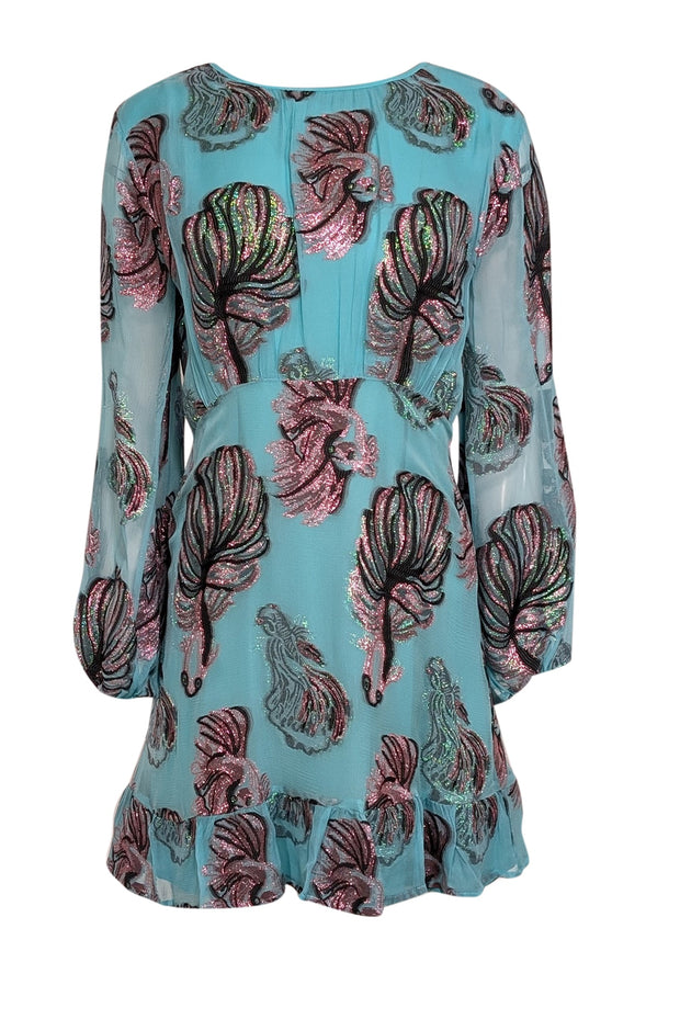 Current Boutique-Cynthia Rowley - Turquoise w/ Metallic Fish Pattern Chiffon Mini Dress Sz 10