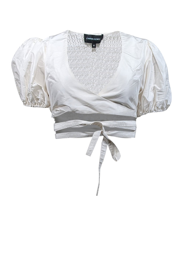 Current Boutique-Cynthia Rowley - White Taffeta Smocked Wrap Top Sz M