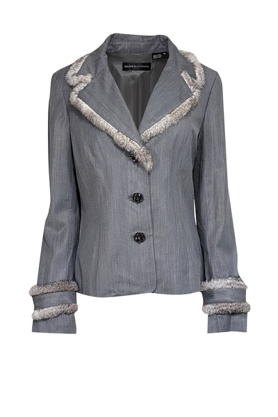 Current Boutique-Dana Buchman - Grey Wool Blend Jacket w/ Rabbit Fur Trim Sz 10