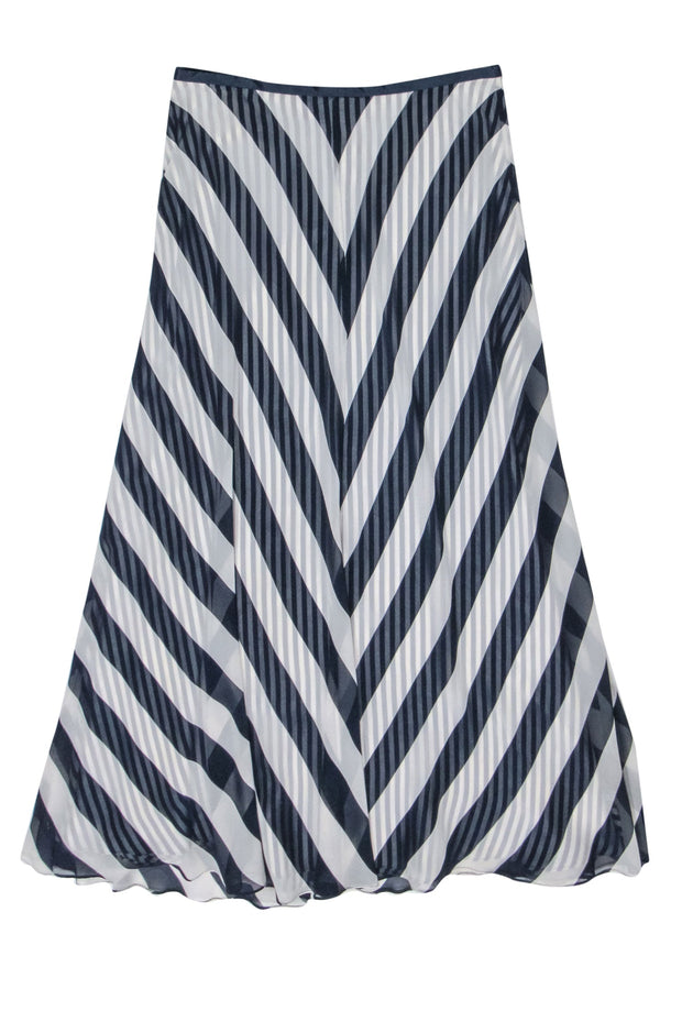 Current Boutique-Dana Buchman - White & Navy Chevron Stripe Silk Maxi Skirt Sz 10