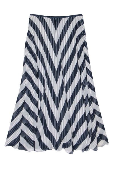 Current Boutique-Dana Buchman - White & Navy Chevron Stripe Silk Maxi Skirt Sz 10