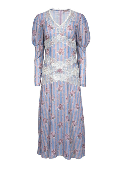 Current Boutique-Darja Donezz - Lavender & Blue Stripe & Floral Print w/ Lace Trim Dress Sz M