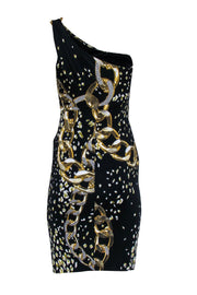 Current Boutique-David Meister - Black & Gold Chain One Shoulder Dress Sz 2