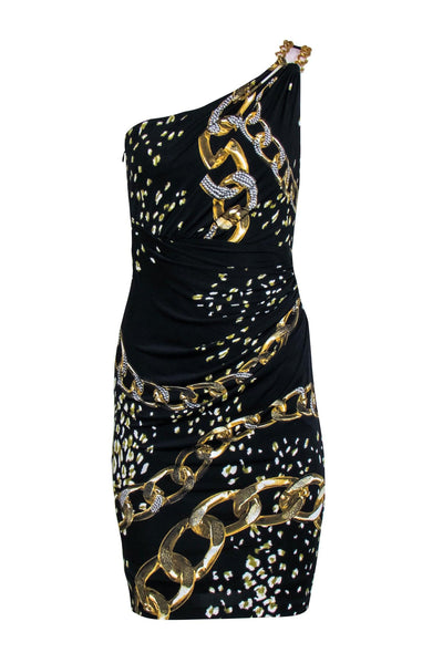 Current Boutique-David Meister - Black & Gold Chain One Shoulder Dress Sz 2