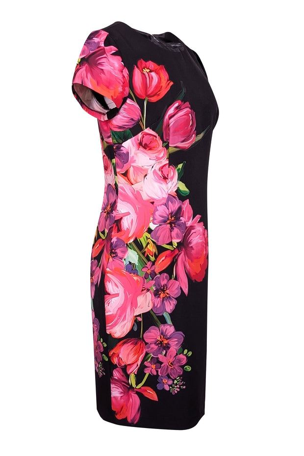 Current Boutique-David Meister - Black w/ Pink Floral Print Sheath Dress Sz 12