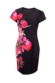 Current Boutique-David Meister - Black w/ Pink Floral Print Sheath Dress Sz 12