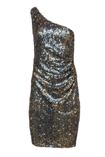Current Boutique-David Meister - Gold & Blue Sequin One Shoulder Dress Sz 8
