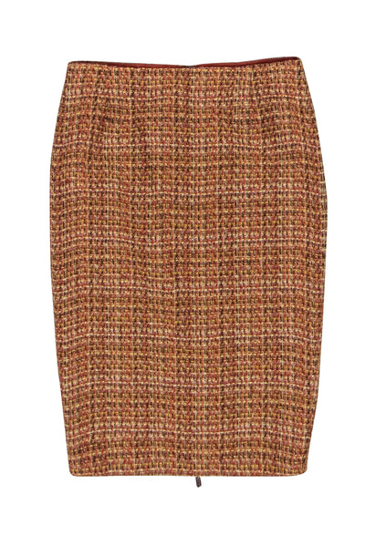 Current Boutique-David Meister - Orange, Red, Yellow & Gold Tweed Pencil Skirt Sz 4