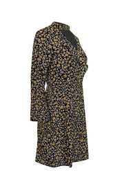 Current Boutique-Derek Lam - Black & Tan Print Silk Ruffle Front Long Sleeve Dress Sz 4