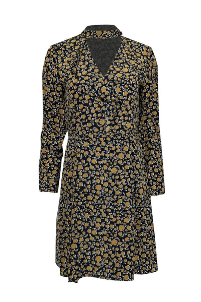 Current Boutique-Derek Lam - Black & Tan Print Silk Ruffle Front Long Sleeve Dress Sz 4