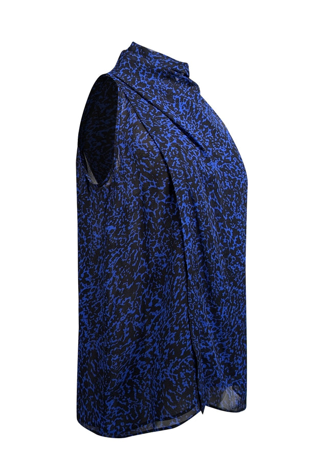 Current Boutique-Derek Lam - Blue & Black Print Cowl Mock Neckline Top Sz 8