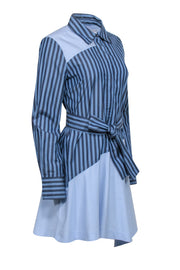 Current Boutique-Derek Lam - Blue Mixed Stripe Print Belted Shirt Dress Sz 8