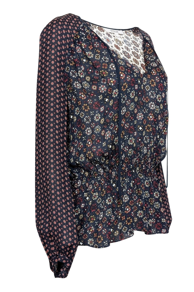 Current Boutique-Derek Lam - Navy w/ Red & Tan Floral Print Silk Blouse Sz 6