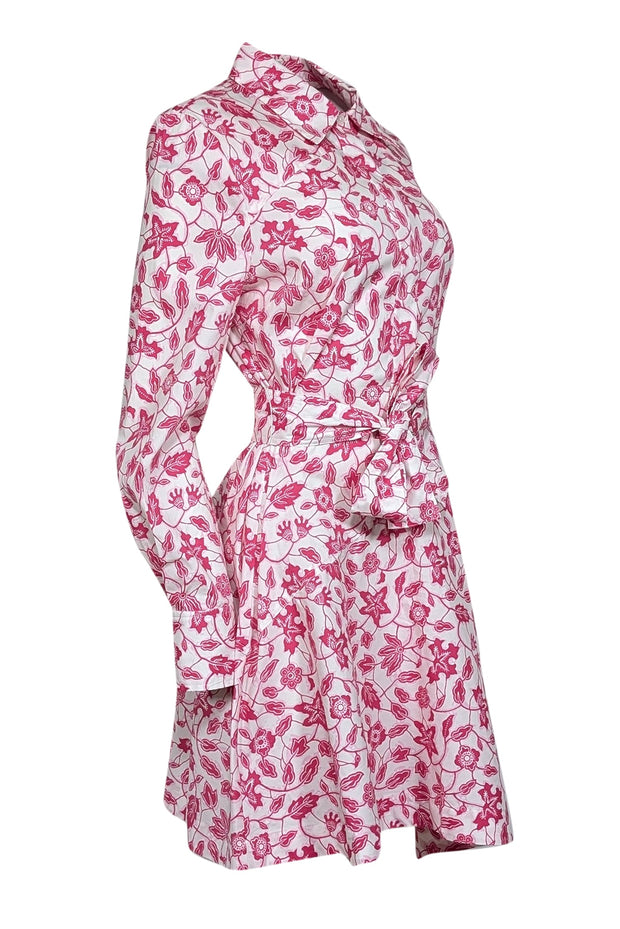 Current Boutique-Derek Lam - White, Magenta, & Pink Floral Print Poplin Belted Shirtdress Sz 8