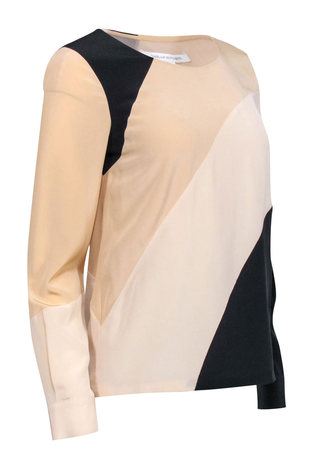 Current Boutique-Diane von Furstenberg - Beige, Cream, & Black Striped Silk Long Sleeve Blouse Sz 4