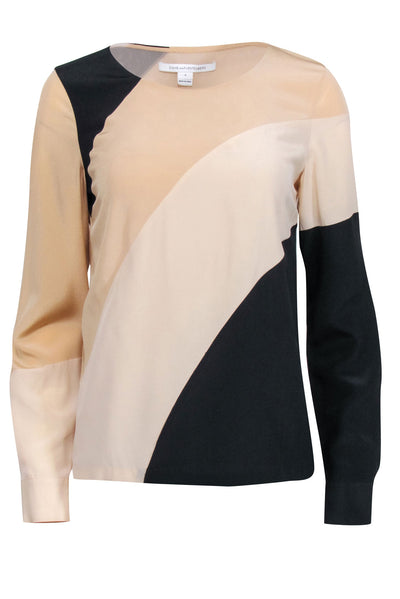 Current Boutique-Diane von Furstenberg - Beige, Cream, & Black Striped Silk Long Sleeve Blouse Sz 4