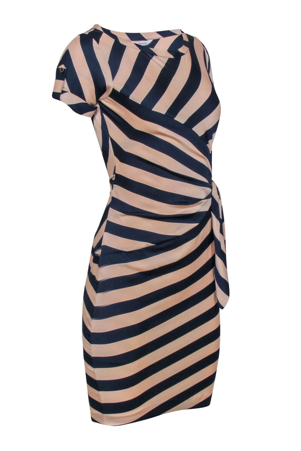 Current Boutique-Diane von Furstenberg - Beige & Navy Blue Stripe Dress w/ Side Ruche Sz 0