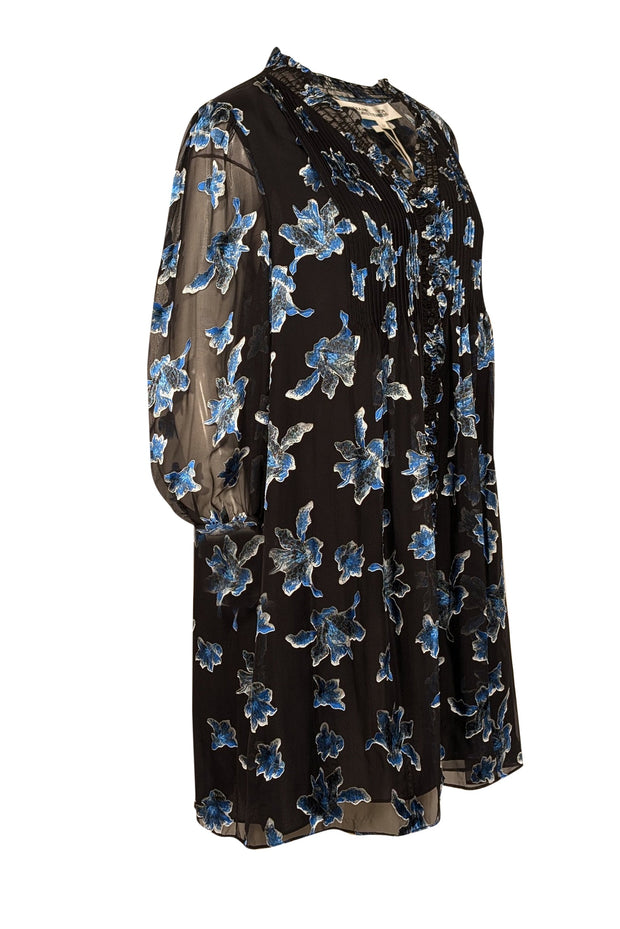 Current Boutique-Diane von Furstenberg - Black & Blue Floral Print Silk Chiffon Dress Sz L