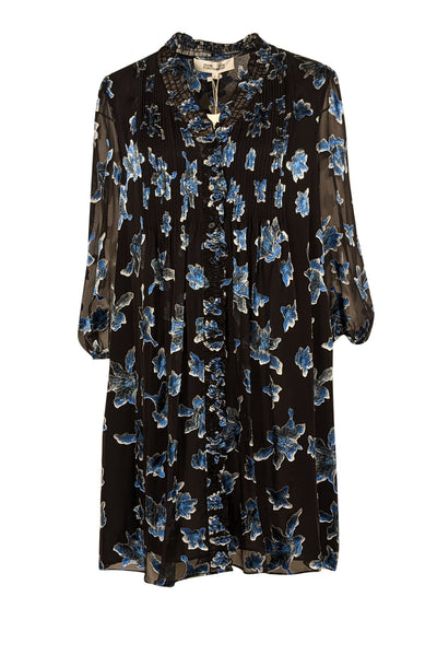 Current Boutique-Diane von Furstenberg - Black & Blue Floral Print Silk Chiffon Dress Sz L