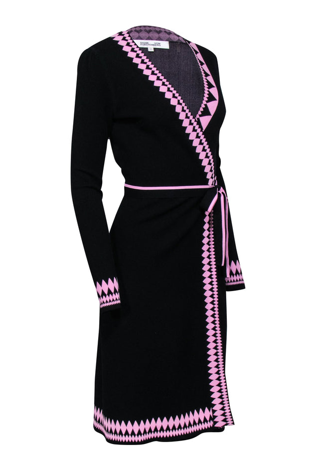 Current Boutique-Diane von Furstenberg - Black Knit Wrap Dress w/ Pink Instarsia Trim Sz S