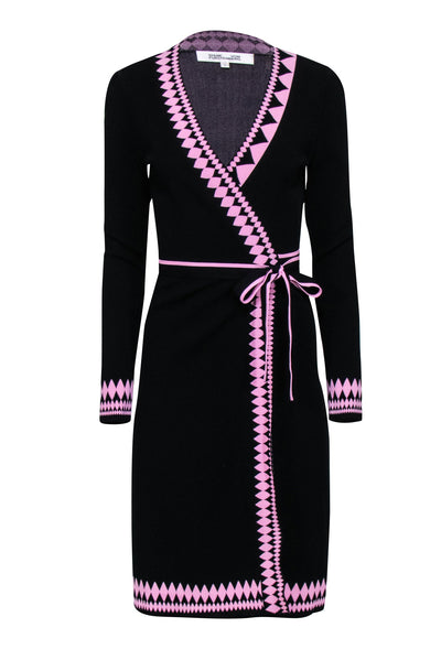 Diane von Furstenberg - Black Knit Wrap Dress w/ Pink Instarsia Trim Sz S