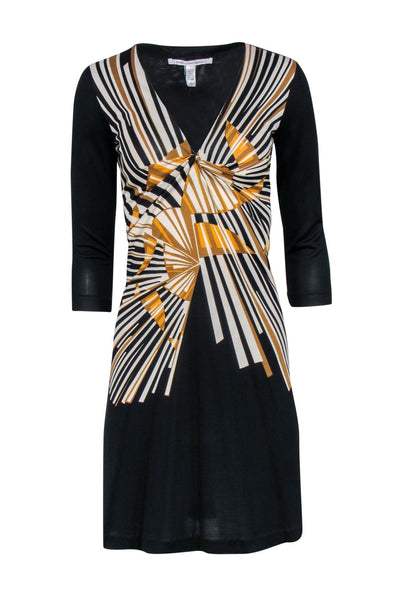 Current Boutique-Diane von Furstenberg - Black & Tan Silk Mini Dress w/ Sundial Print Sz 0