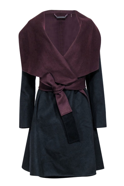 Current Boutique-Diane von Furstenberg - Black Wool Wrap Coat w/ Burgundy Lining Sz S